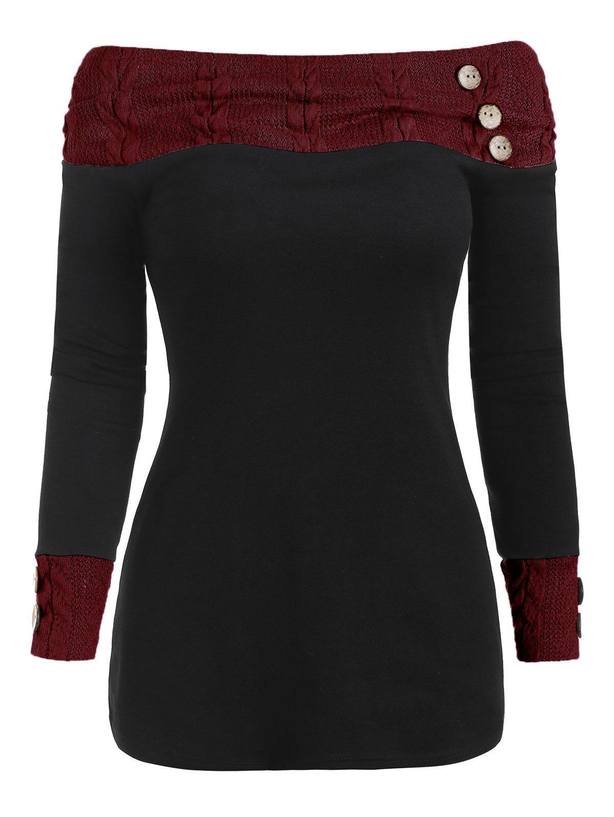 

Knit Panel Buttons Long Sleeves Top, Red wine