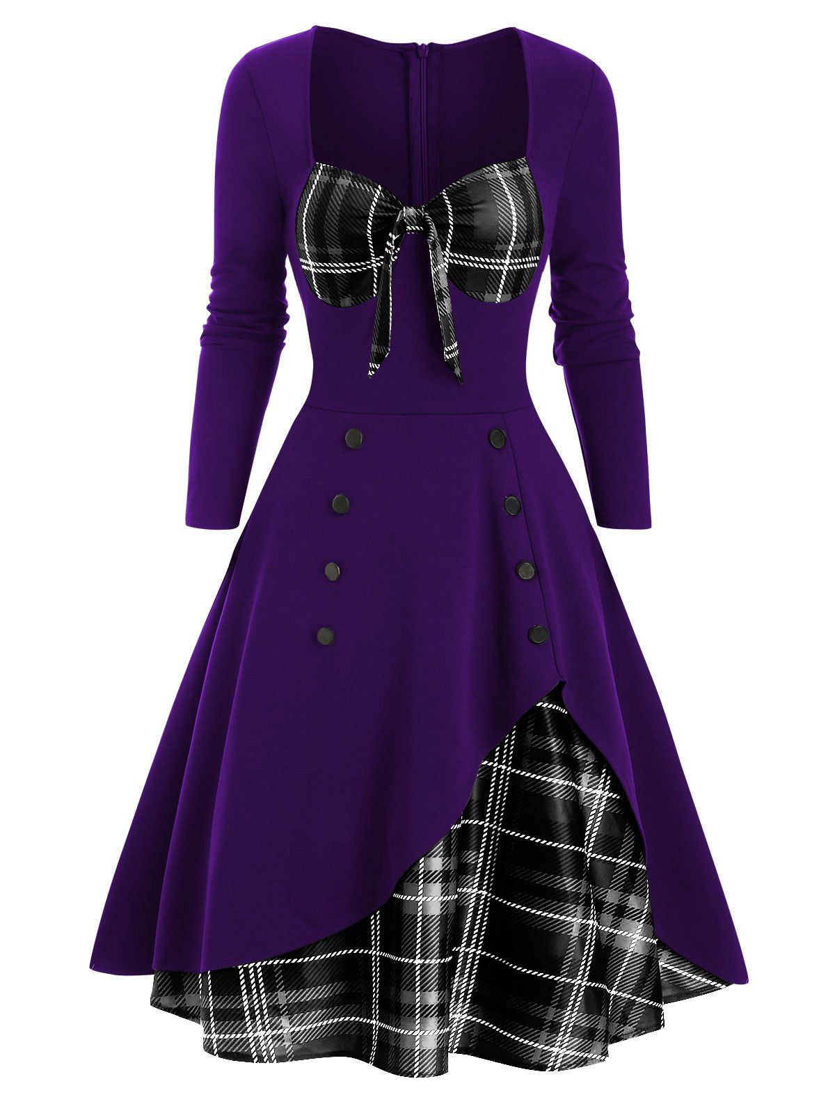

Plaid Button Embellished Bowknot Sweetheart Dress, Plum velvet