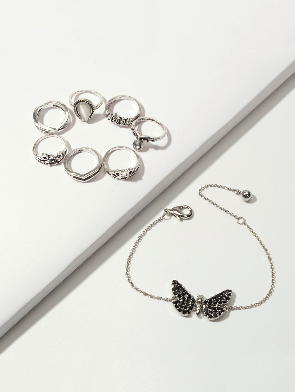 

Crown Floral Ring And Butterfly Chain Bracelet Set, Silver