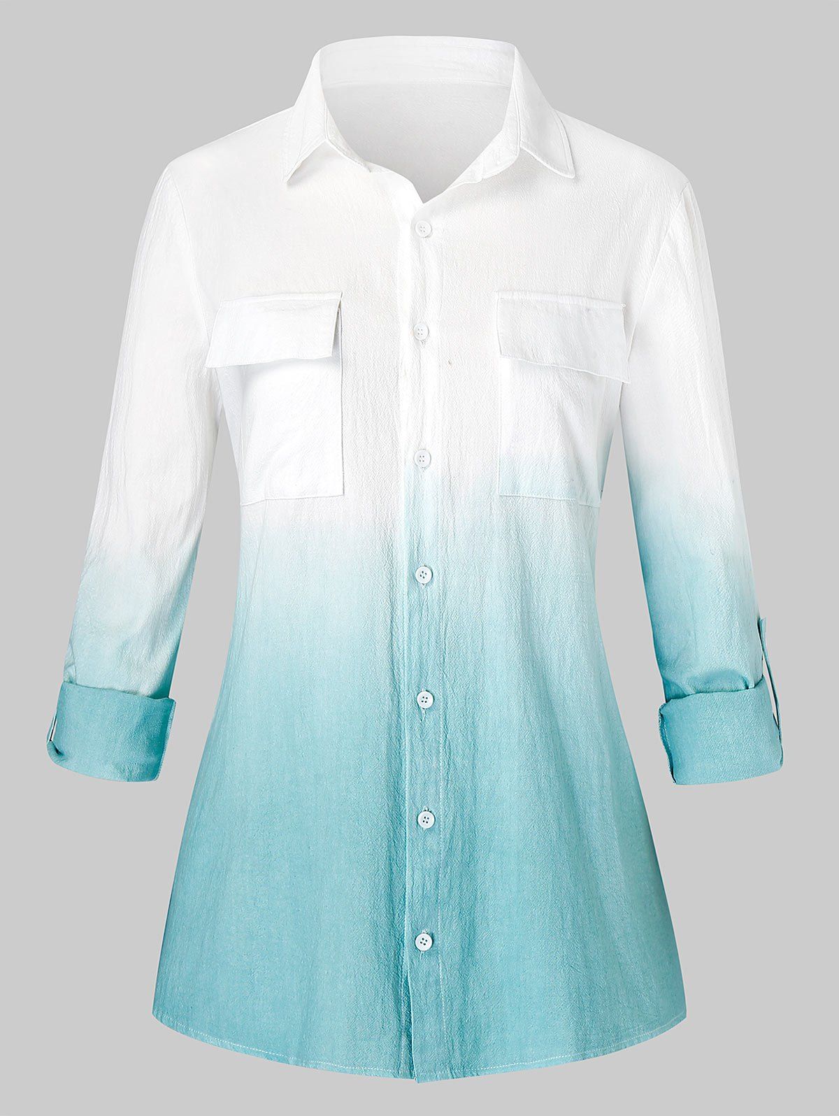 

Plus Size Ombre Pockets Button Shirt, Cyan opaque