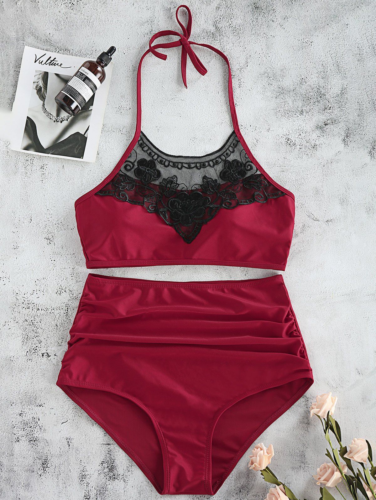 

Hlater Lace Insert High Rise Bikini Swimsuit, Red wine
