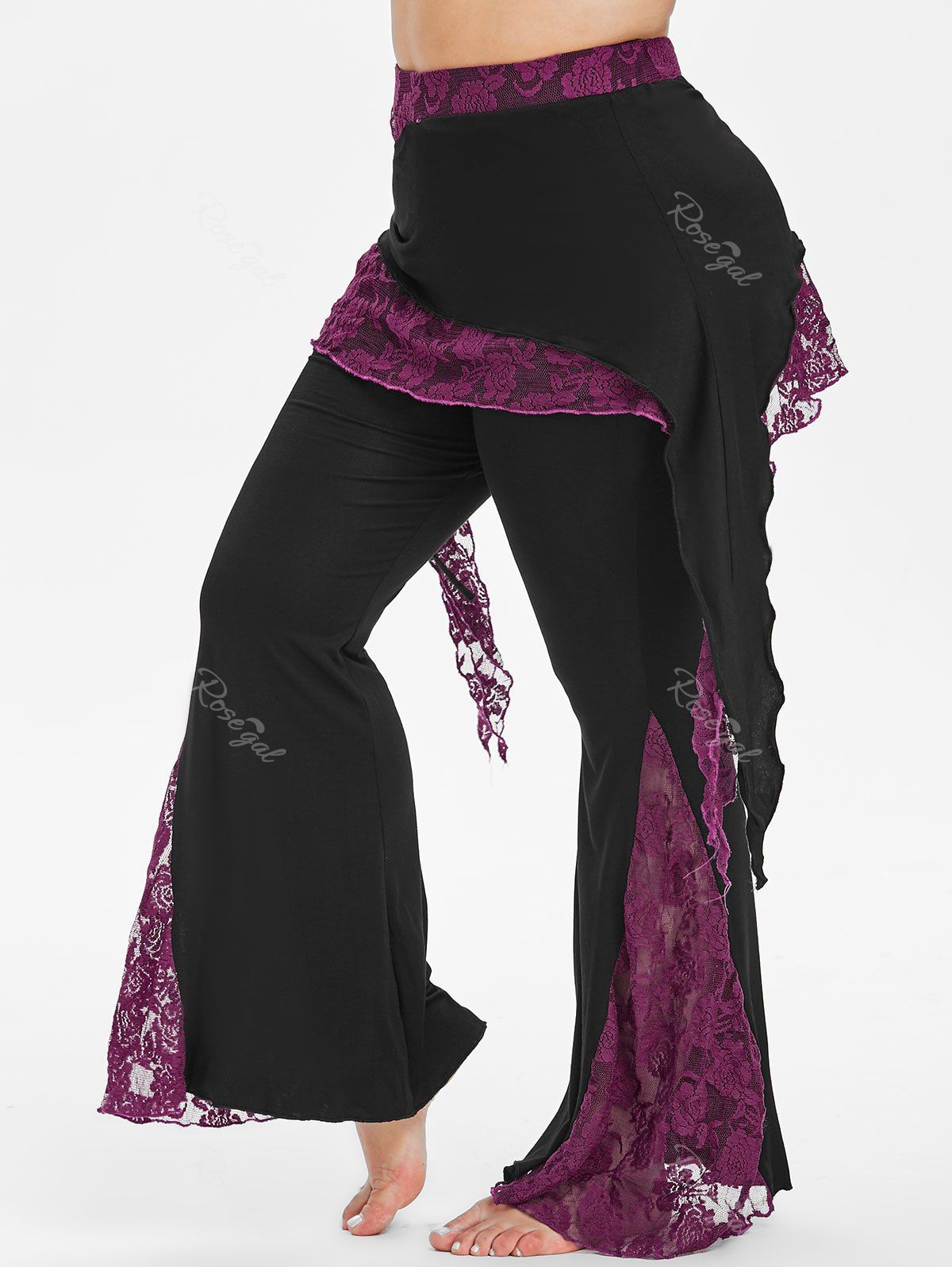 

High Waisted Lace Panel Overlay Plus Size Flare Pants, Black