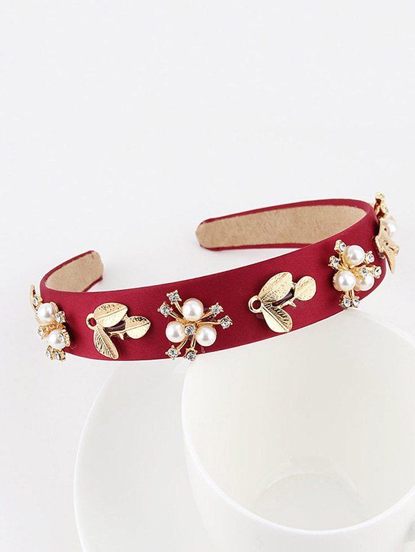 

Floral Leaf Rhinestone Faux Pearl Wide Hairband, Red