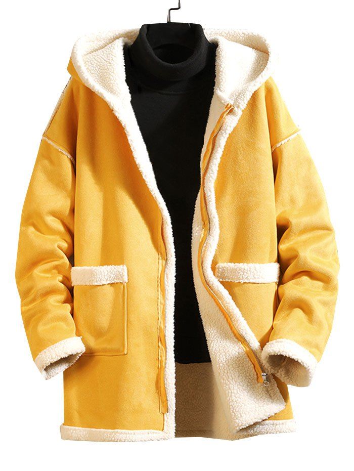 

Solid Color Zipper Pocket Fluffy Coat, Yellow