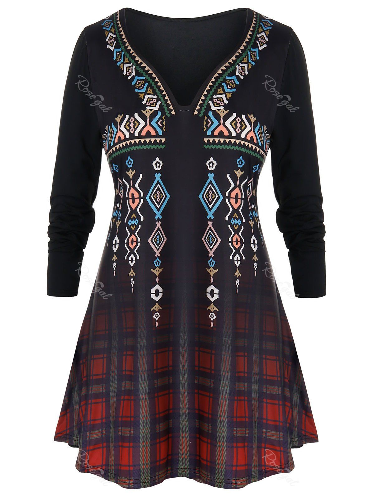 

Plus Size Plaid Tribal Print Tunic T Shirt, Black