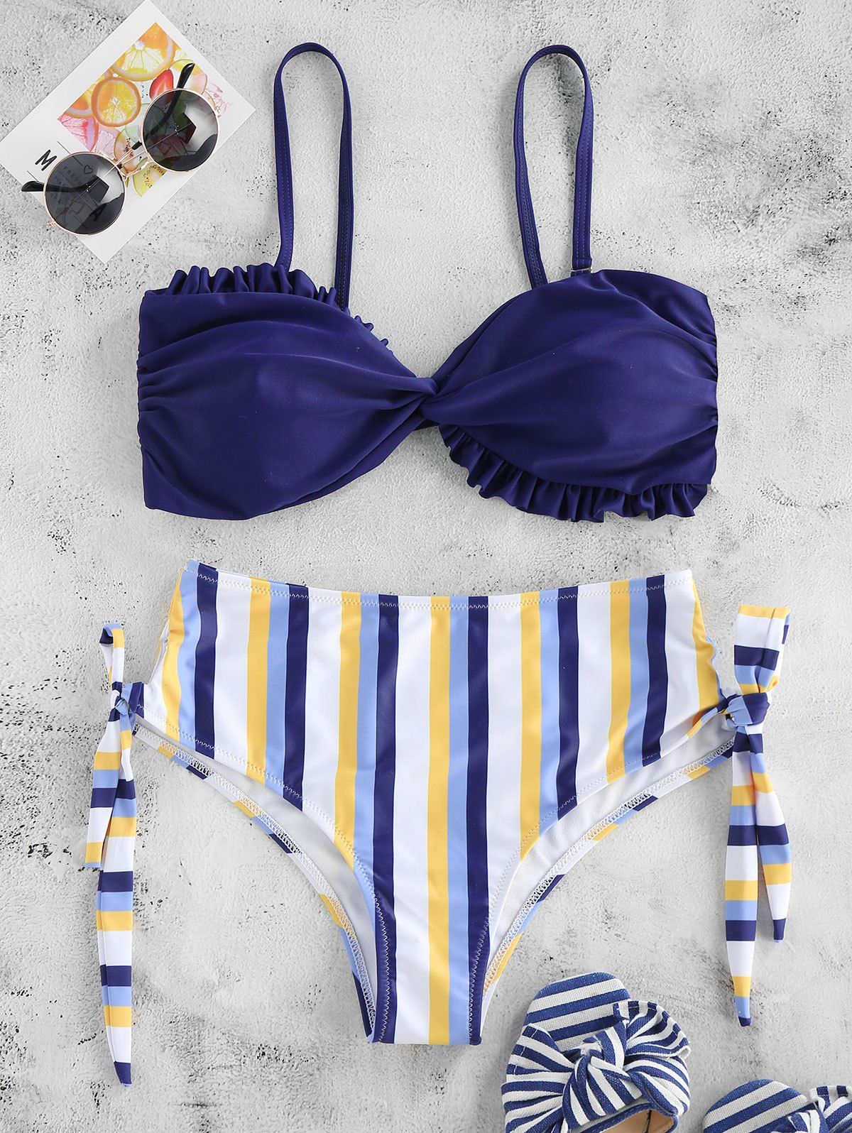 

Lettuce Trim Striped High Cut Bikini Swimsuit, Multi-a