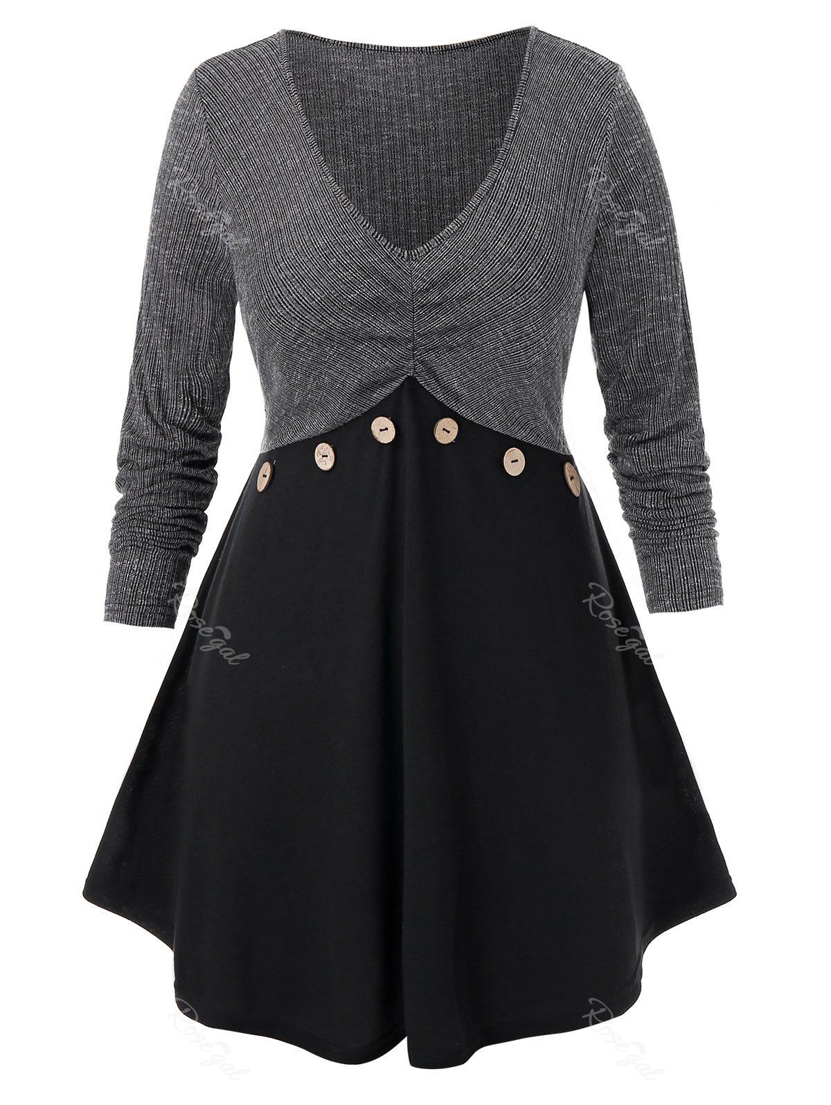 

Plus Size Button Embellished Plunging Skirted T-shirt, Black