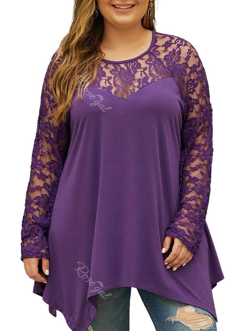 

Handkerchief Raglan Sleeve Lace Panel Plus Size Top, Purple