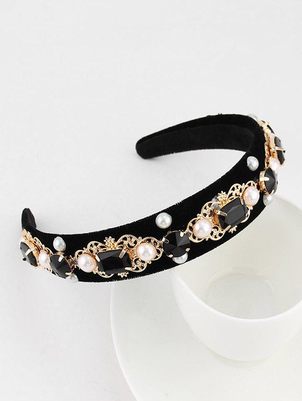 

Rhinestone Geometric Faux Pearl Velour Wide Hairband, Black