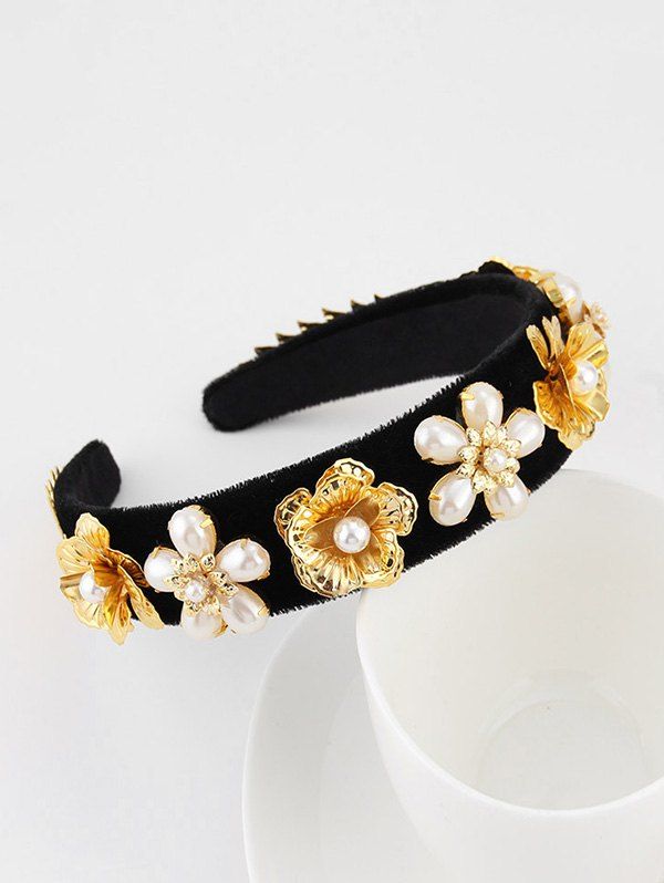 

Faux Pearl Floral Velour Wide Hairband, Black