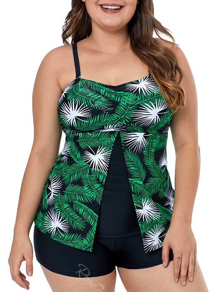 

Plus Size Leaf Print Side Boning Tankini Top, Green