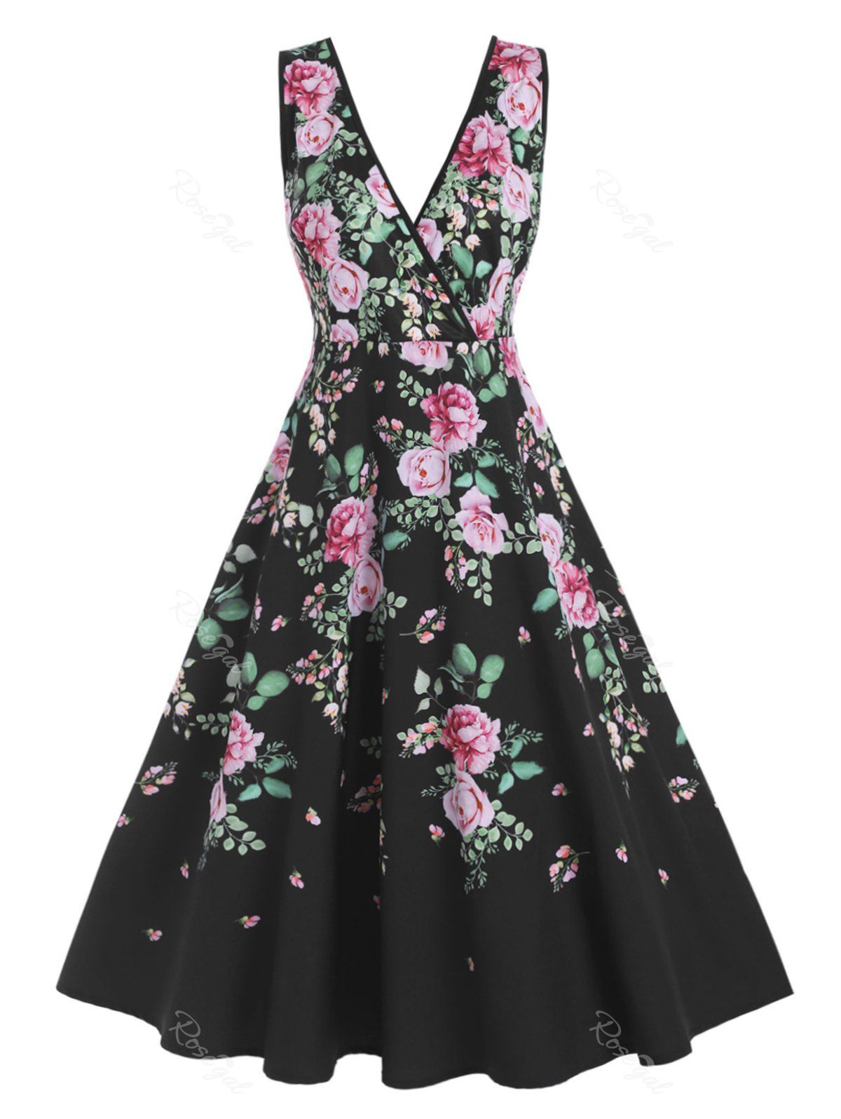 

Plus Size Low Cut Floral Midi Dress, Black