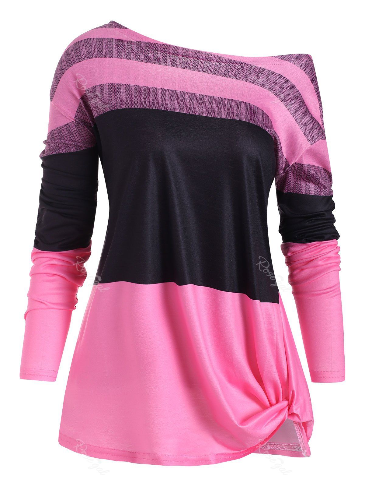 

Plus Size Colorblock Skew Neck Knotted T Shirt, Pink