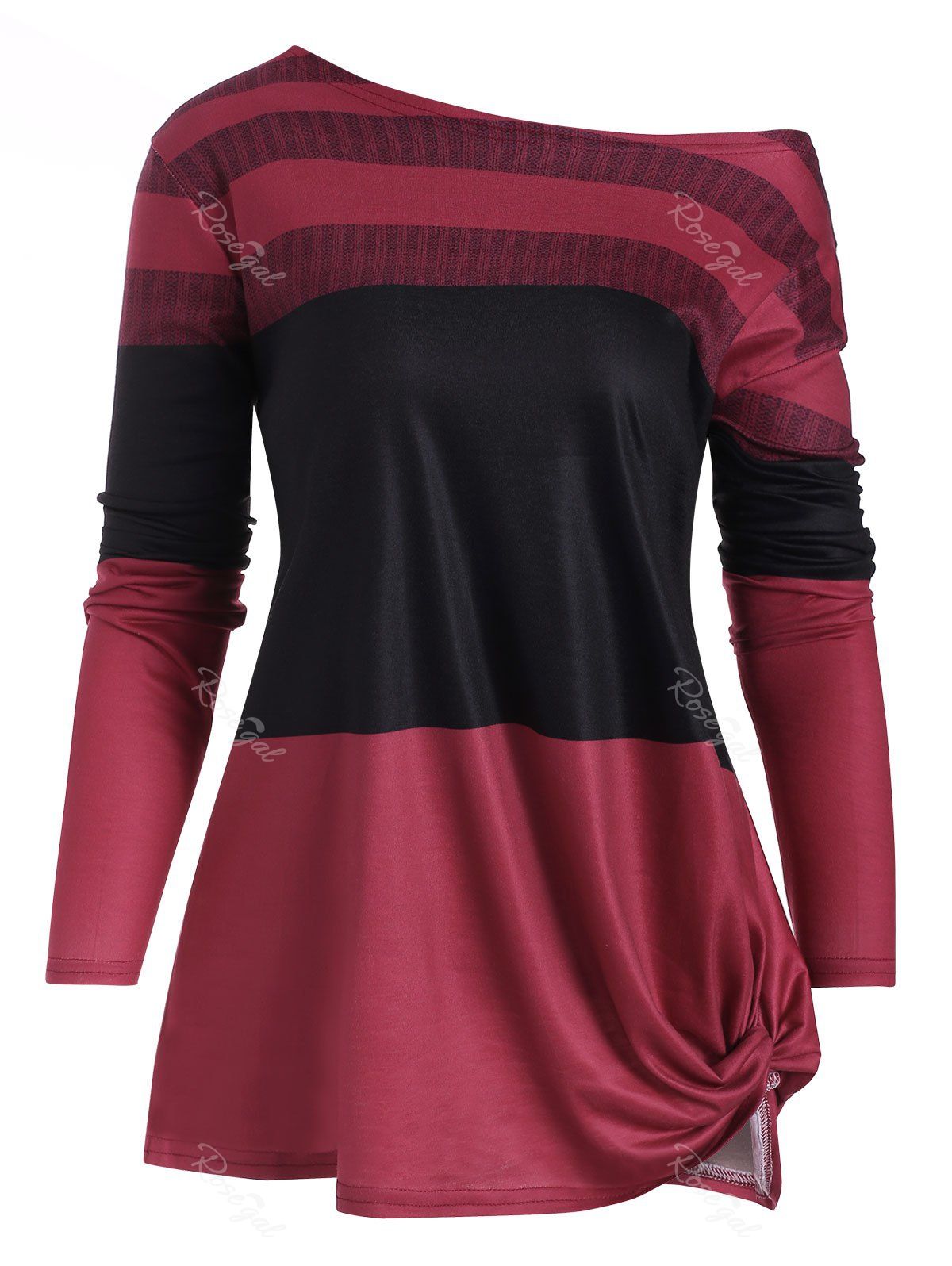 

Plus Size Colorblock Skew Neck Knotted T Shirt, Red