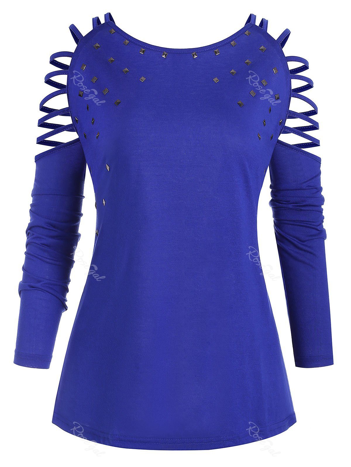 

Plus Size Rivets Ladder Cut T Shirt, Blue