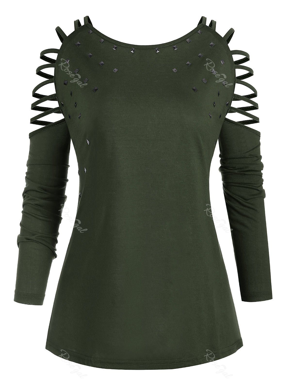 

Plus Size Rivets Ladder Cut T Shirt, Green