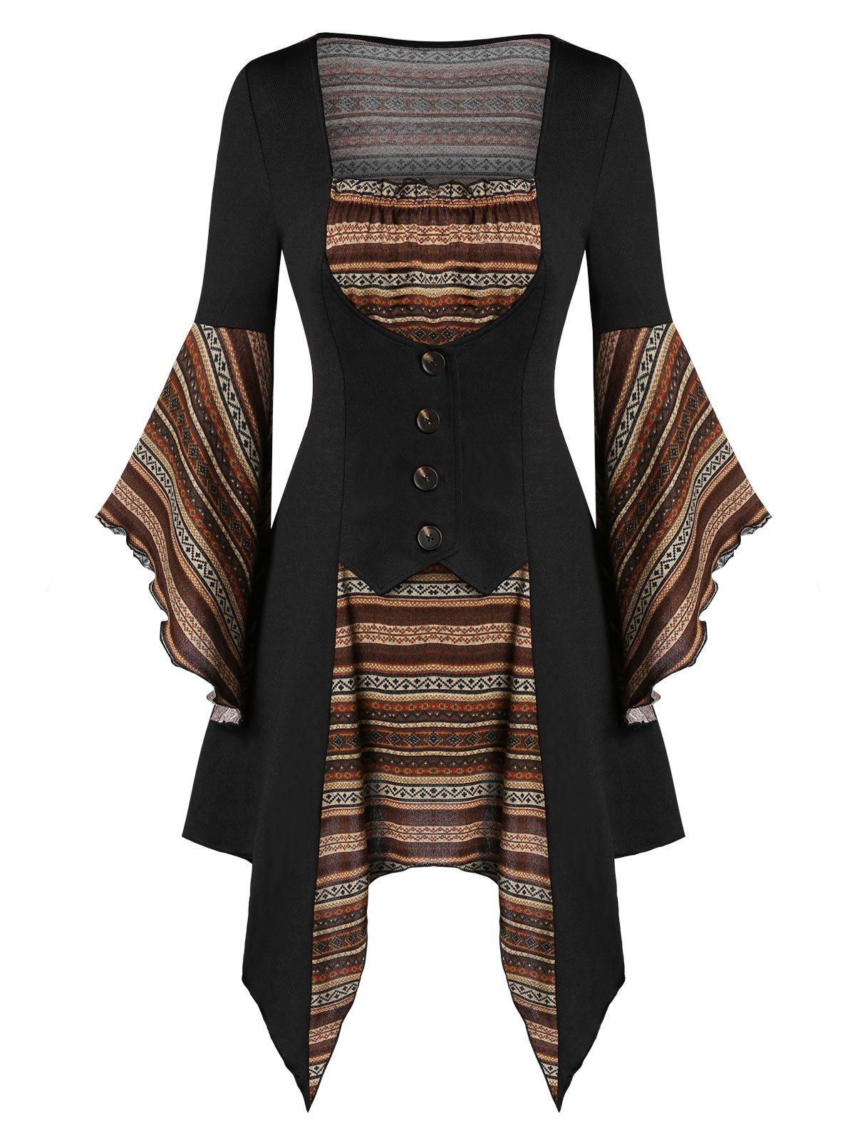

Bell Sleeve Lace Up Geometry Asymmetric Top, Multi-a