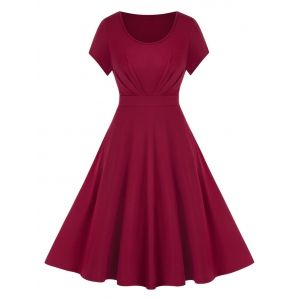 

Plus Size Solid Fit And Flare Dress, Red wine