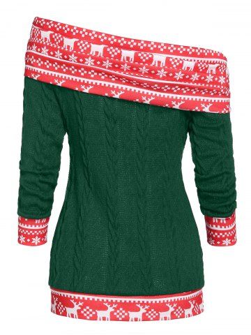 

Christmas Convertible Skew Neck Elk Print Cable Knit Sweater, Sea turtle green