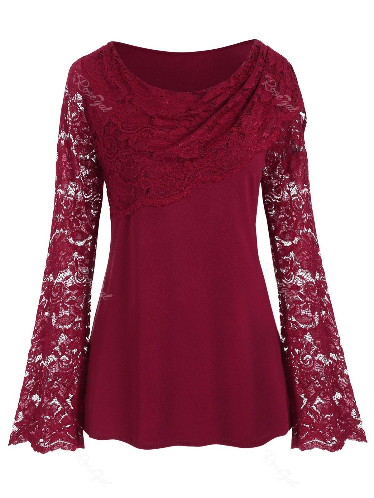 

Long Sleeve Solid Lace Panel Plus Size Top, Red wine