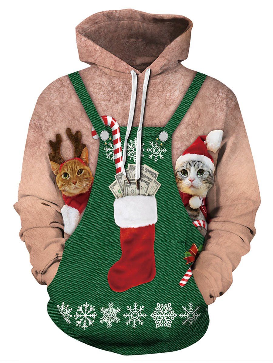 

Christmas Cat Pattern Pocket Design Hoodie, Medium sea green