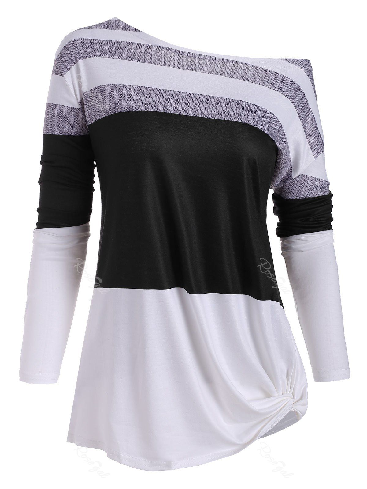

Plus Size Colorblock Skew Neck Knotted T Shirt, Gray