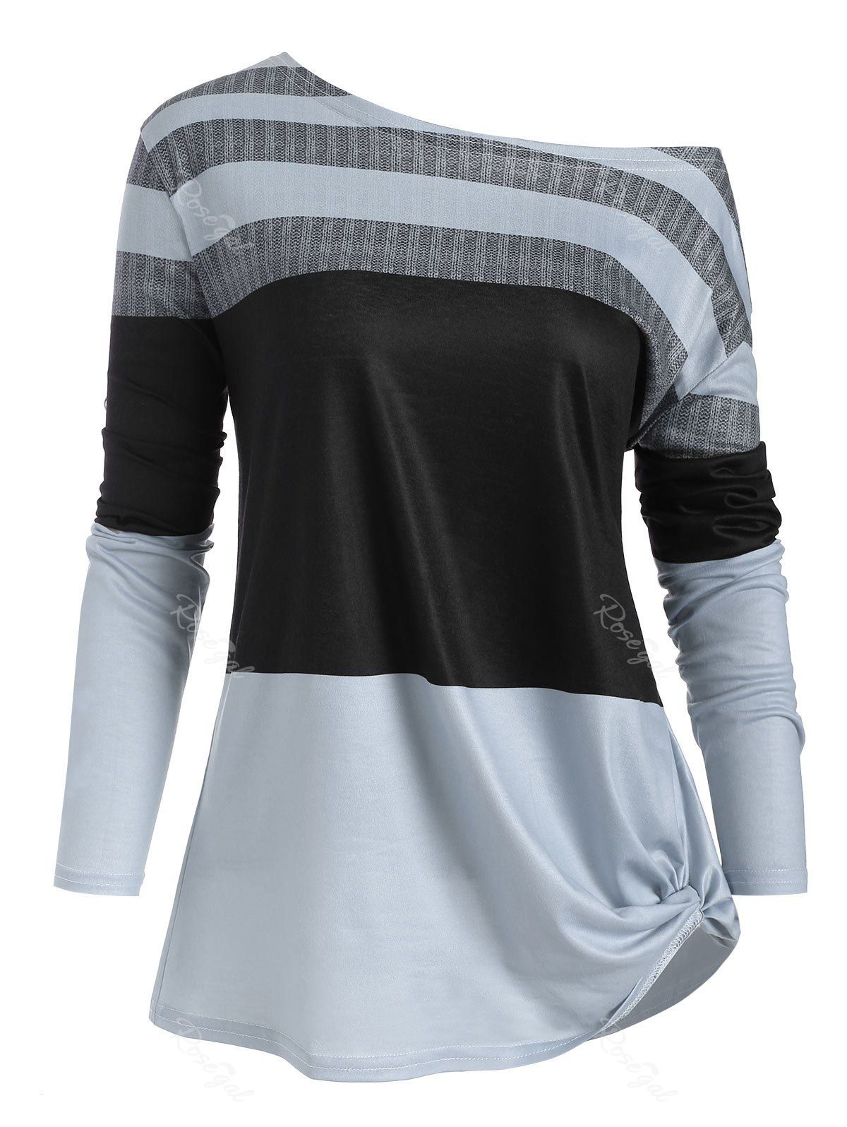 

Plus Size Colorblock Skew Neck Knotted T Shirt, White