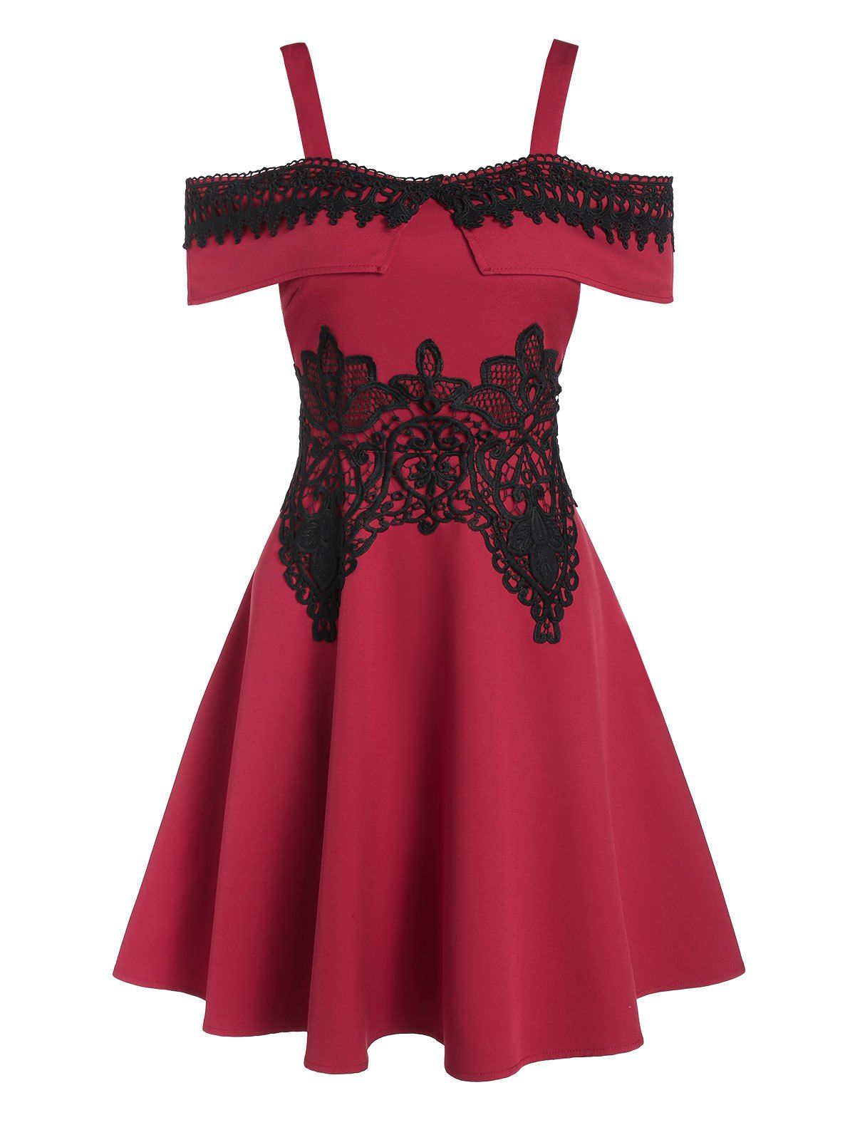 

Lace Panel Cold Shoulder A Line Dress, Red wine