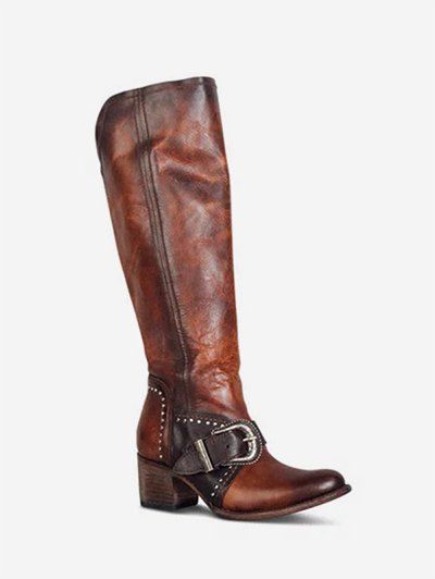 

Ruched Buckled Chunky Heel Knee High Boots, Brown