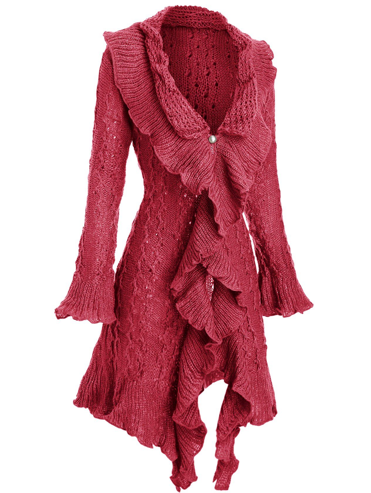 

Metallic Thread Flounce Ruffle Cuff Tunic Cardigan, Red wine