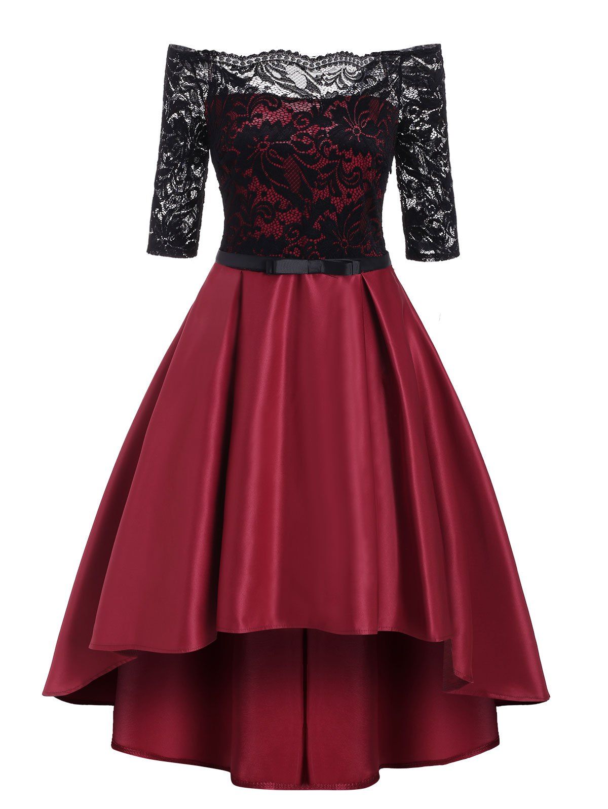 

Lace Panel Off Shoulder Dip Hem Party Dress, Red wine