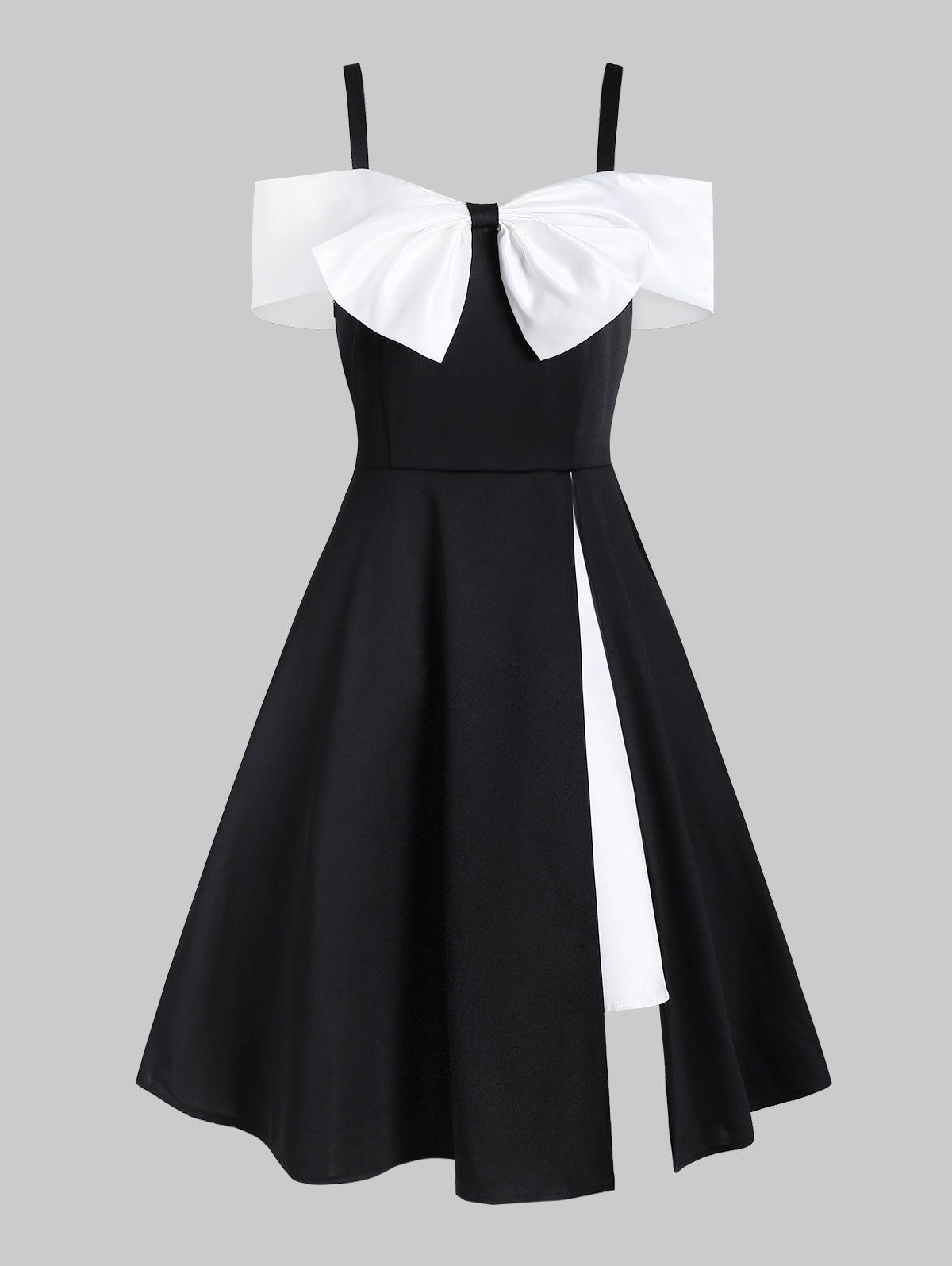 

Bowknot Open Shoulder Slit Colorblock Dress, Black