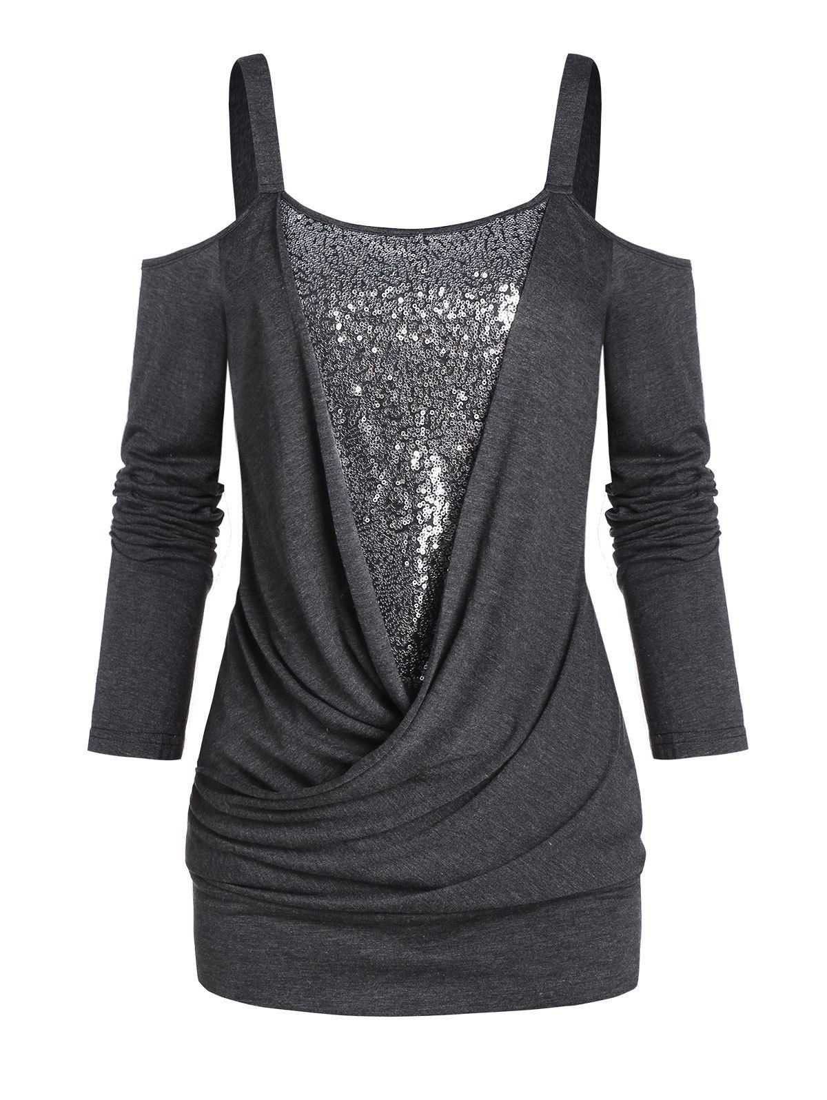 

Cut Out The Shoulder Solid Sequins Wrap Top, Carbon gray