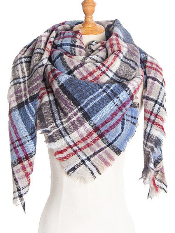 

Plaid Pattern Fringed Decoration Scarf, Blue gray