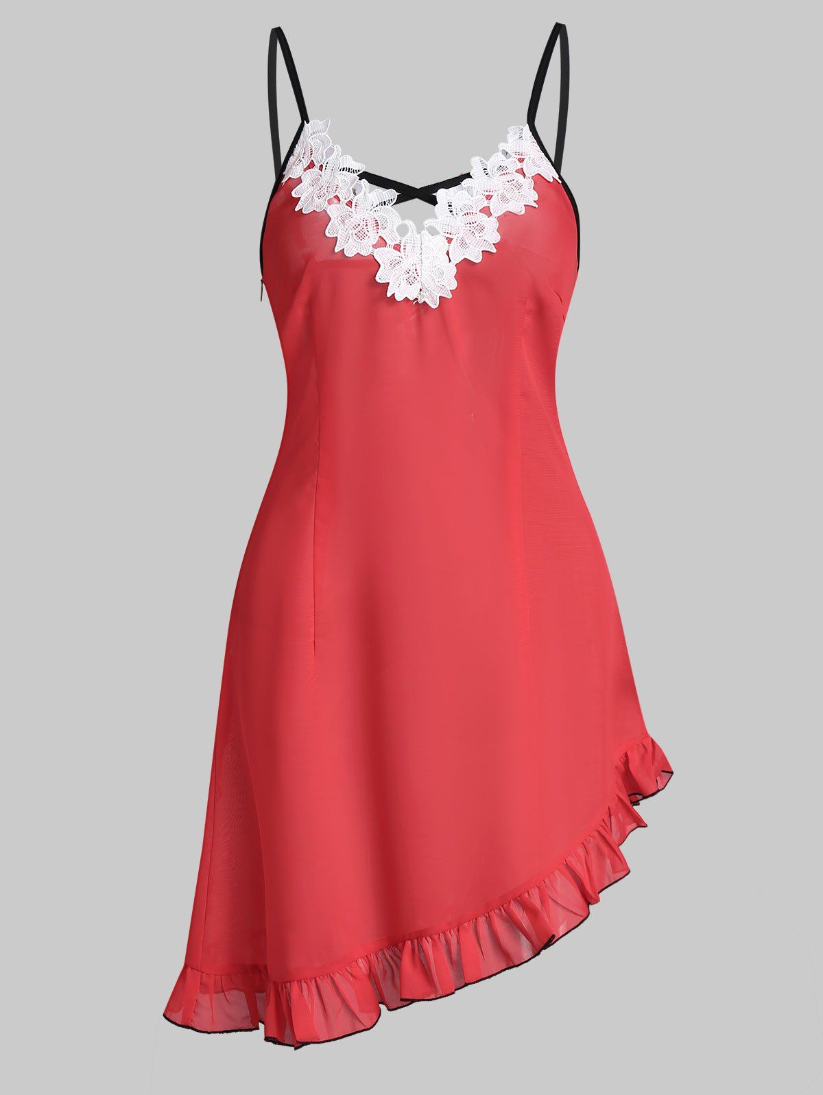 

Crisscross Lace Panel Asymmetric Ruffled Dress, Watermelon pink