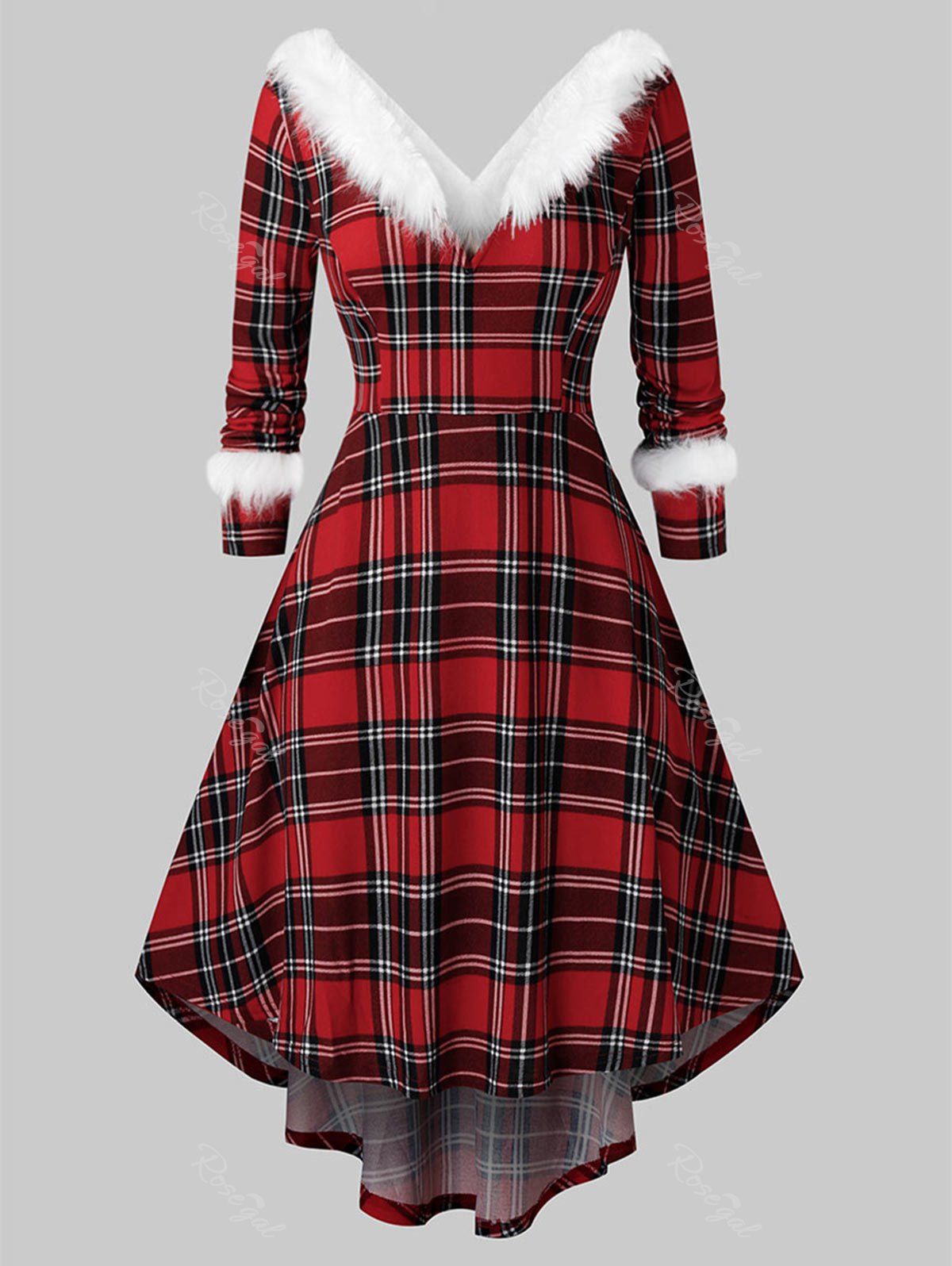 

Plus Size Christmas Asymmetrical Faux Fur Panel Knitted Dress, Chestnut red