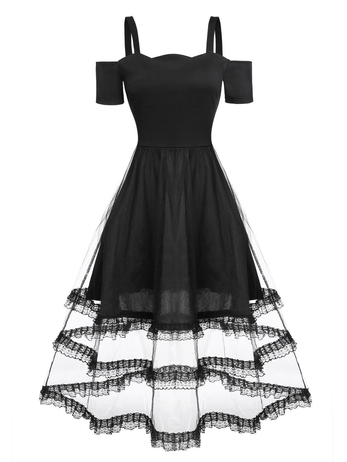 

Cold Shoulder Mesh Overlay Midi Dress, Black