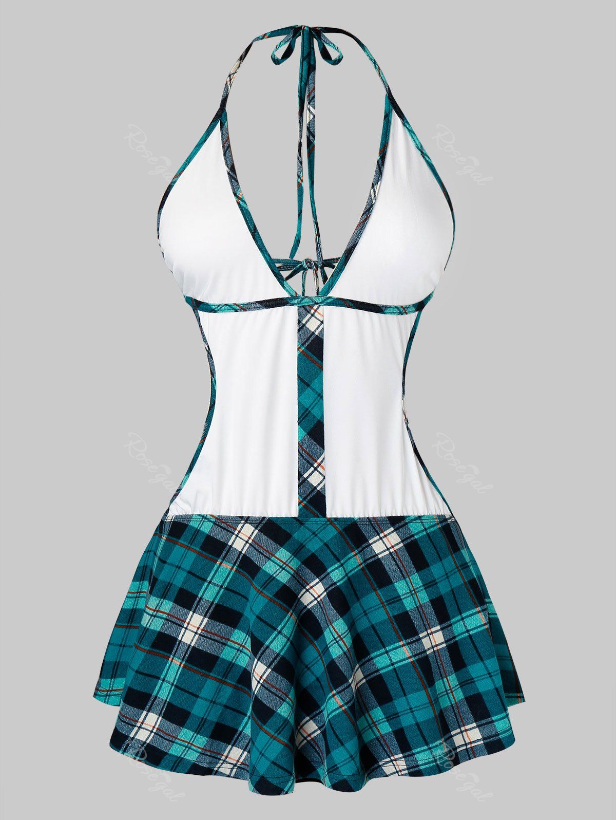 

Plus Size Halter Plaid Tied Backless Babydoll Set, Macaw blue green
