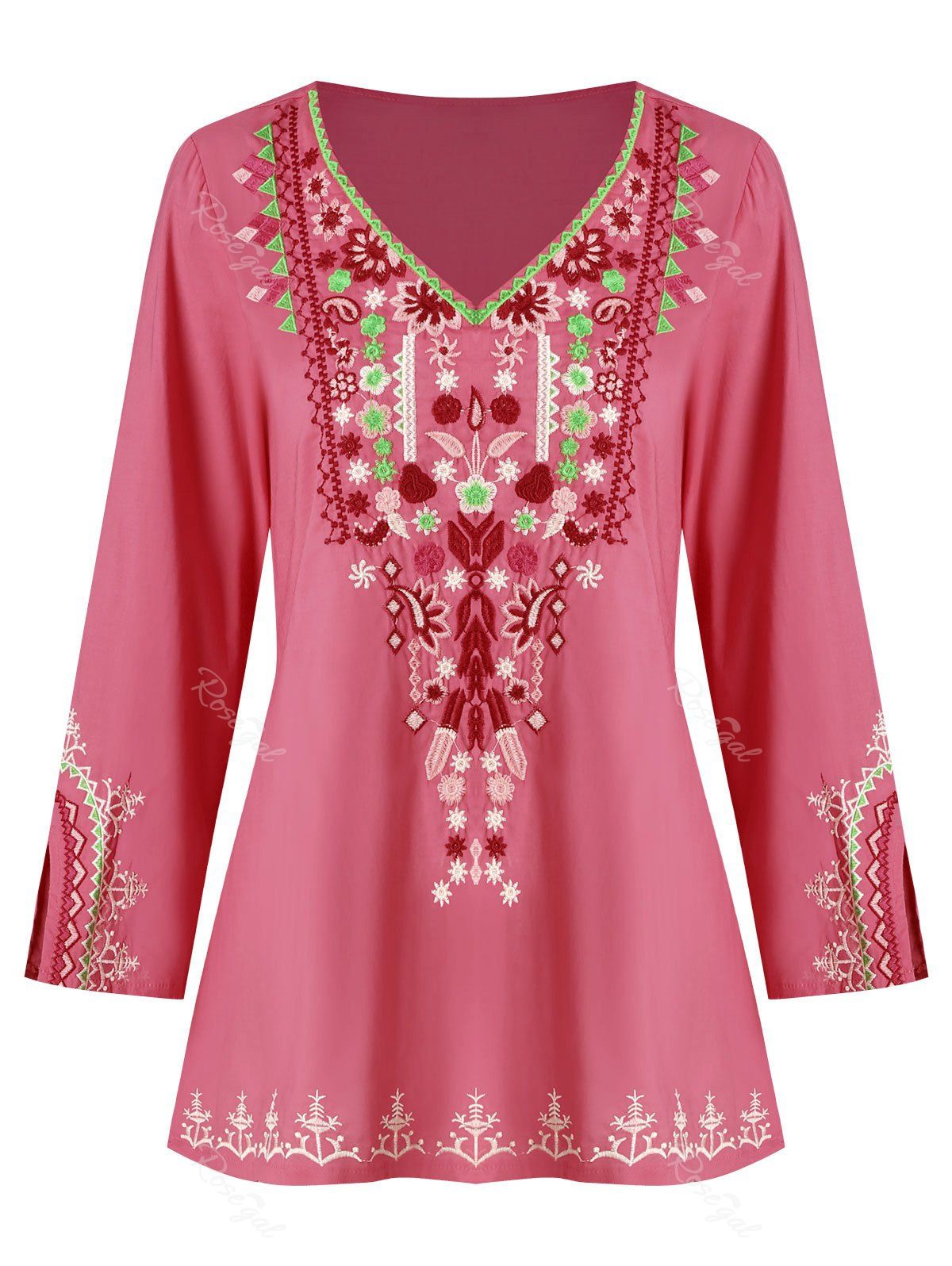 

Plus Size Flower Embroidered Slit Cuffs V Neck Blouse, Rose red