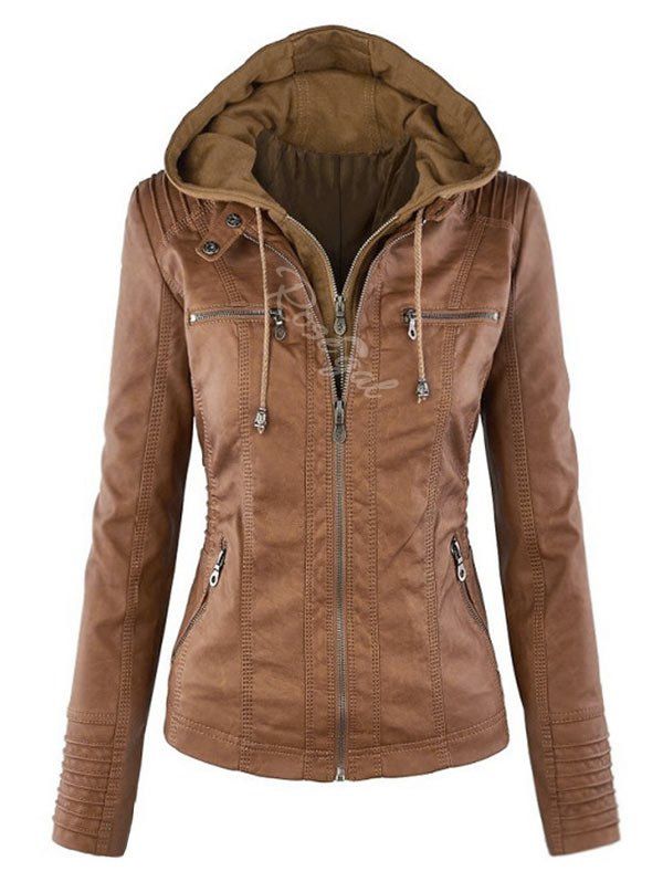 

Plus Size Detachable Hood Faux Leather Zipper Jacket, Light brown