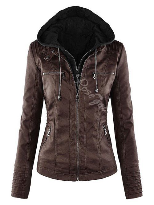 

Plus Size Detachable Hood Faux Leather Zipper Jacket, Coffee