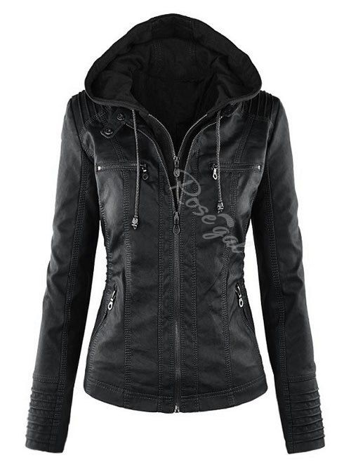 

Plus Size Detachable Hood Faux Leather Zipper Jacket, Black