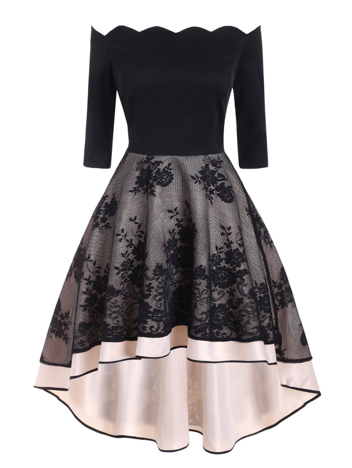 

Off Shoulder Flower Lace Dip Hem Party Dress, Black