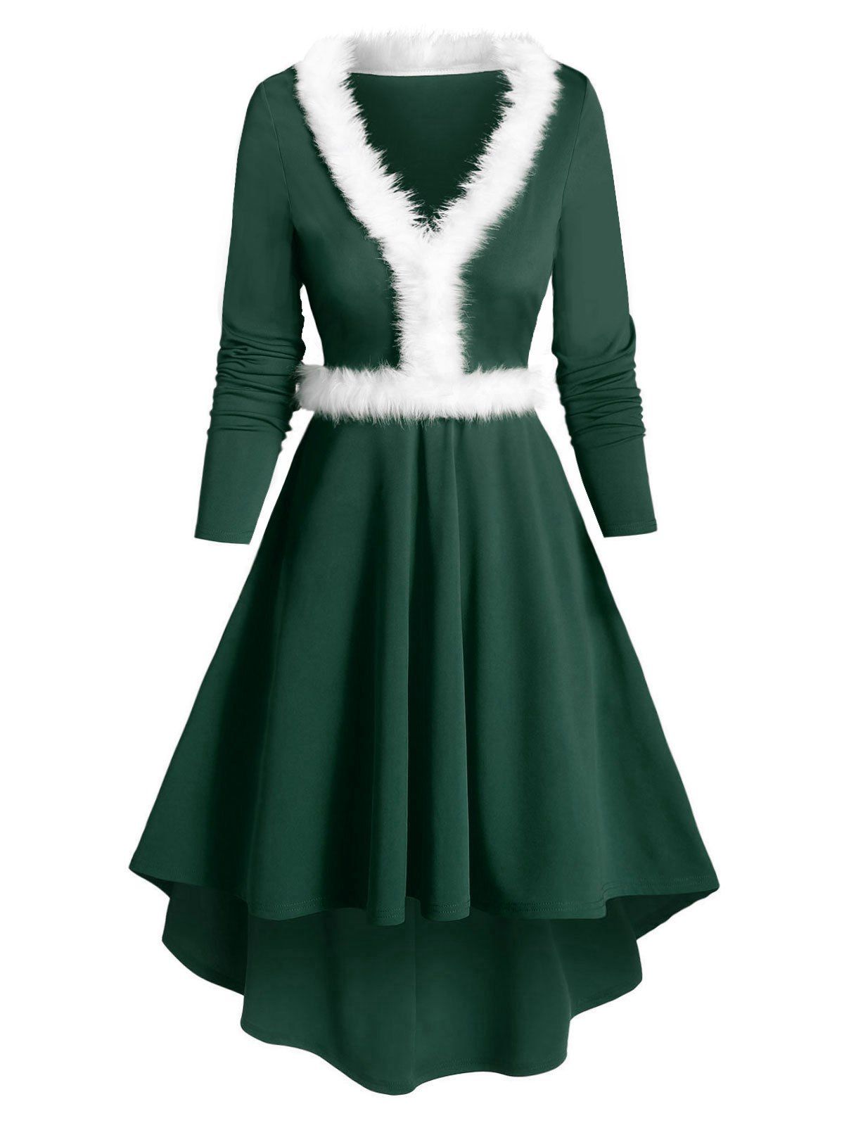 

V Neck Faux Fur Trim High Low Dress, Deep green