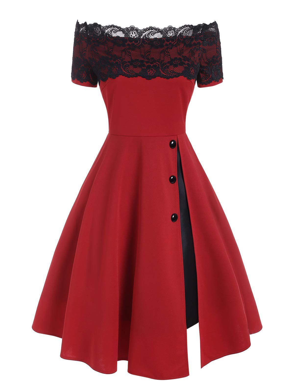 

Off Shoulder Lace Panel Front Slit Prom Dress, Red