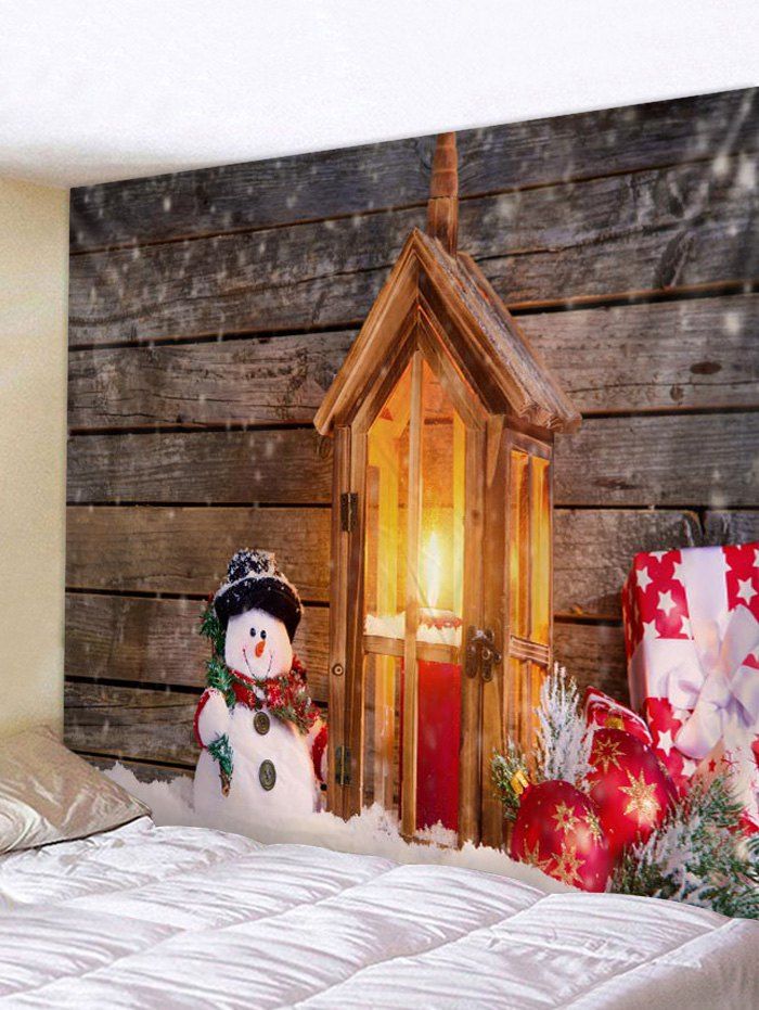 

Christmas Candle Snowman Wood Grain Print Tapestry Wall Hanging Art Decoration, Multi-a
