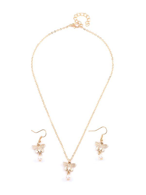 

Artificial Pearl Butterfly Pendant Necklace and Hook Earrings, Gold
