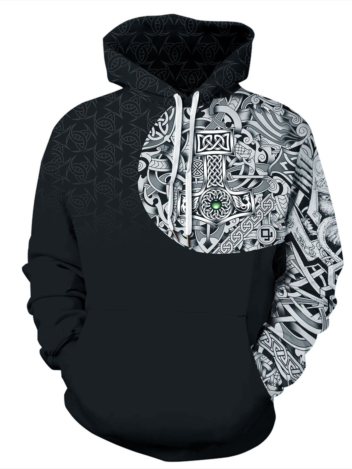 

Casual Printed Drawstring Kangaroo Pocket Hoodie, Black