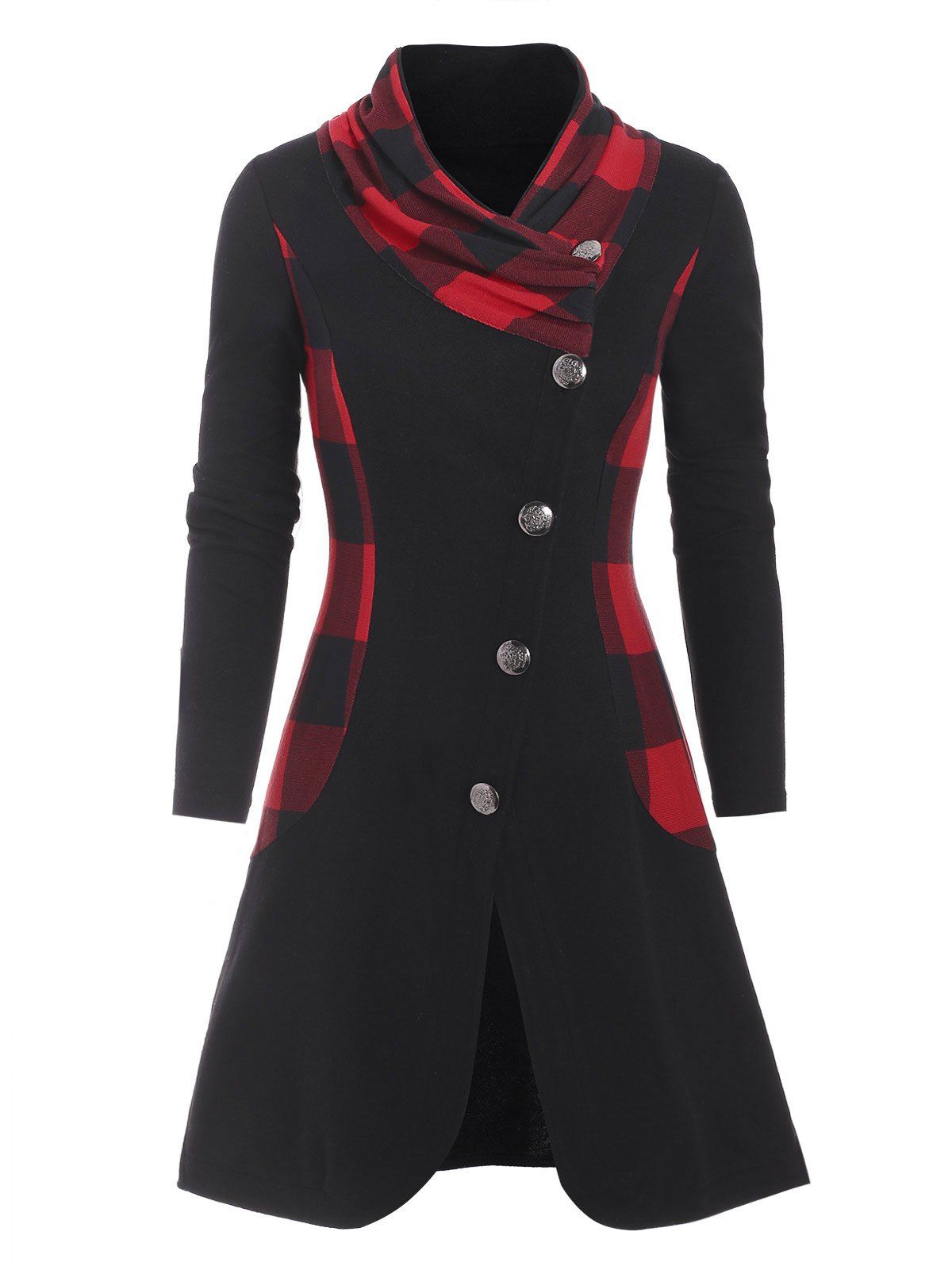 

Plaid Panel Button Up Casual Coat, Black