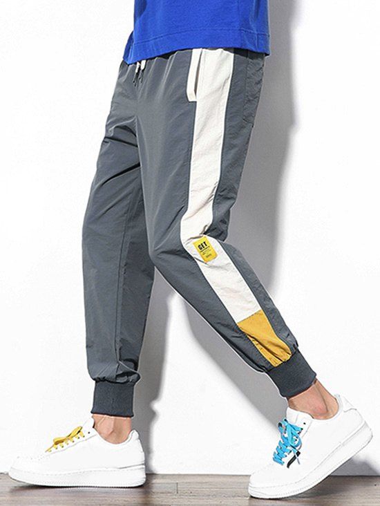 

Applique Color Block Panel Casual Jogger Pants, Dark gray